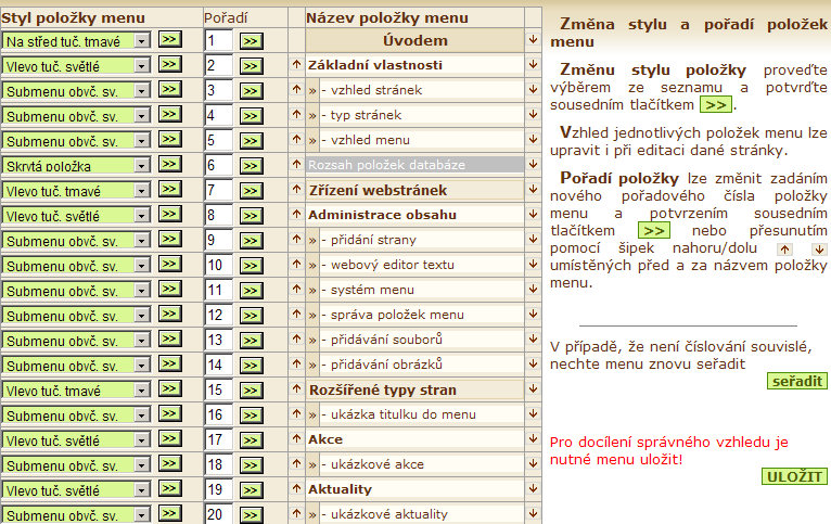 pořadí v menu